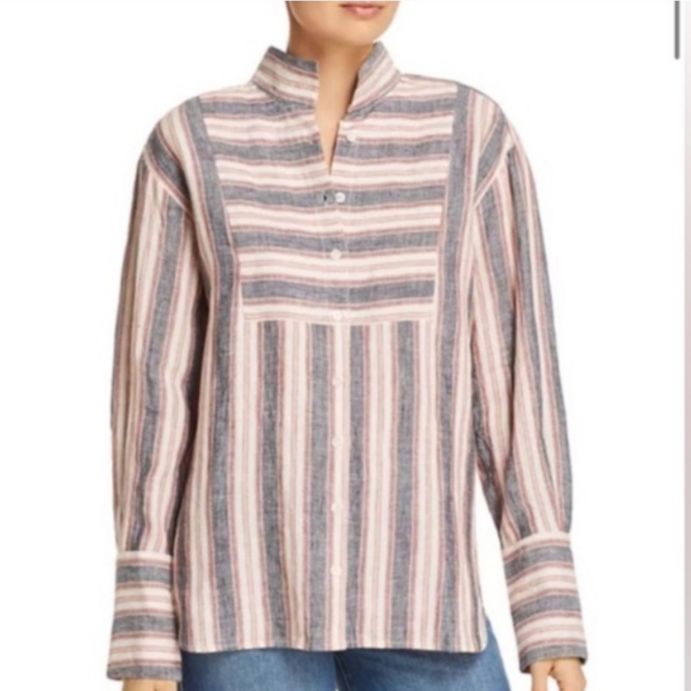 FRAME Natural White Multi-Stripe Bib Linen 100% Coastal Button Down Shirt